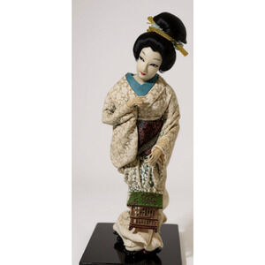 Vitg 18" Japanese Ningyō Doll Kimono Woman with Birdcage Silk Costume on Stand